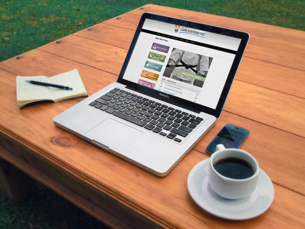 www.learn-scrivener-fast.com Scrivener Training Course Screen on laptop - coffee - notes